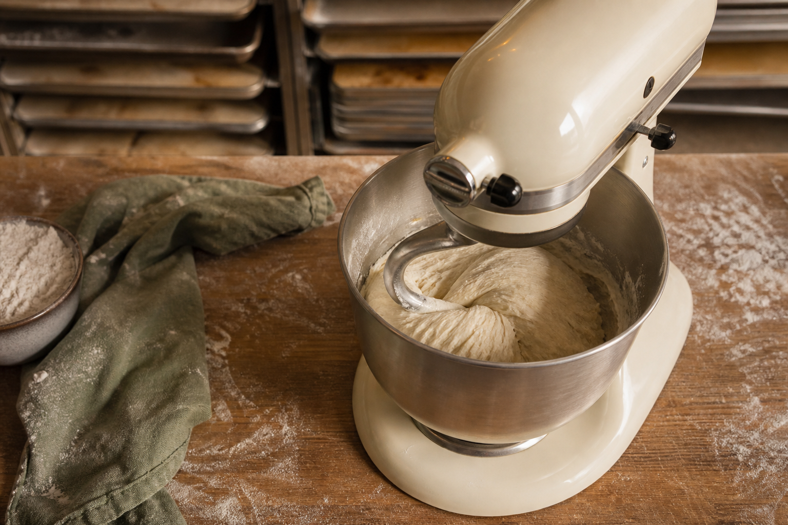 A stand mixer on a baker’s bench